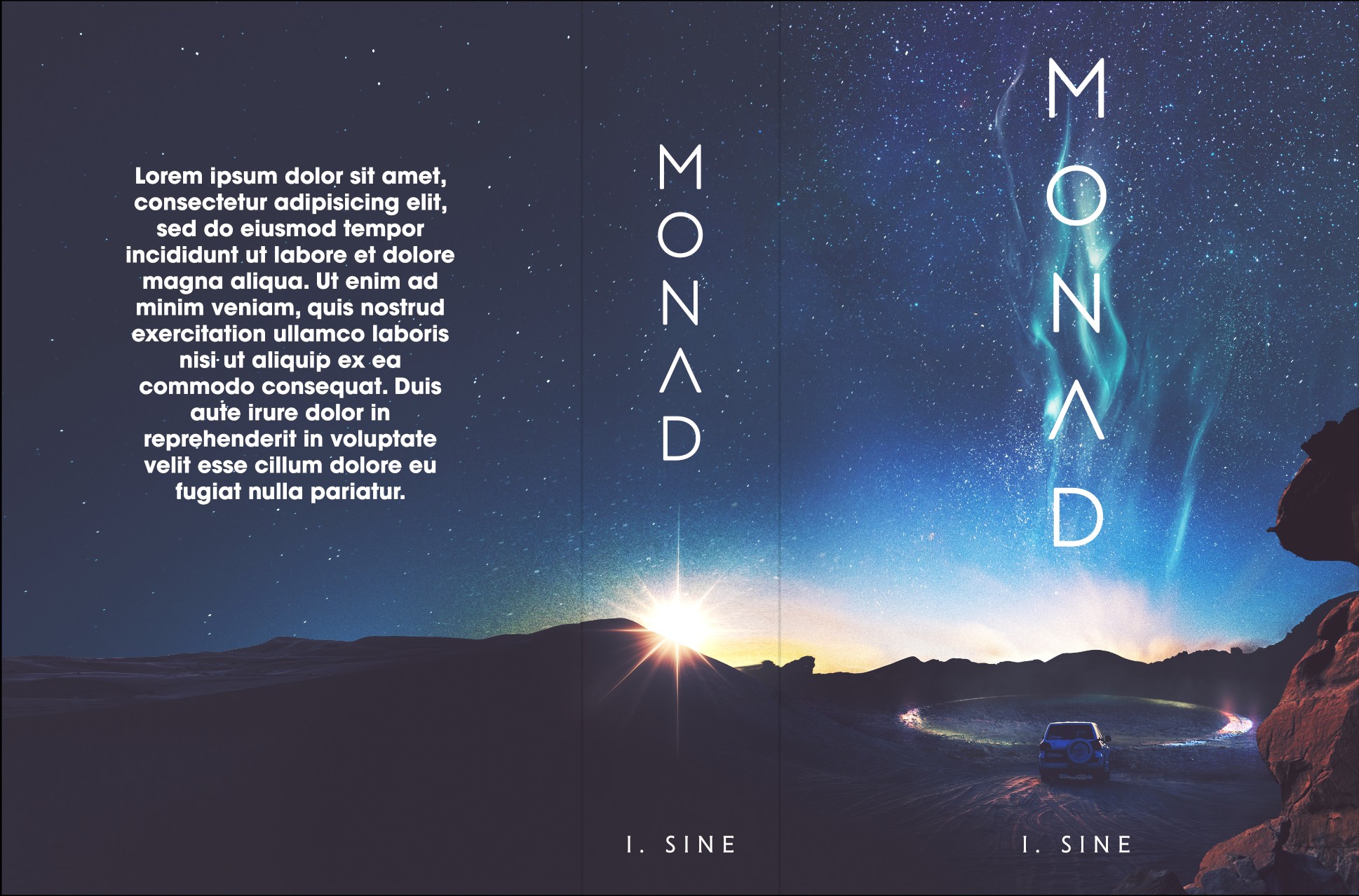 Couverture de MONAD par I. Sine. Sous un ciel étoilé, une aurore bleue s’élève au-dessus d’un cratère du Sahara, près d’un véhicule.
